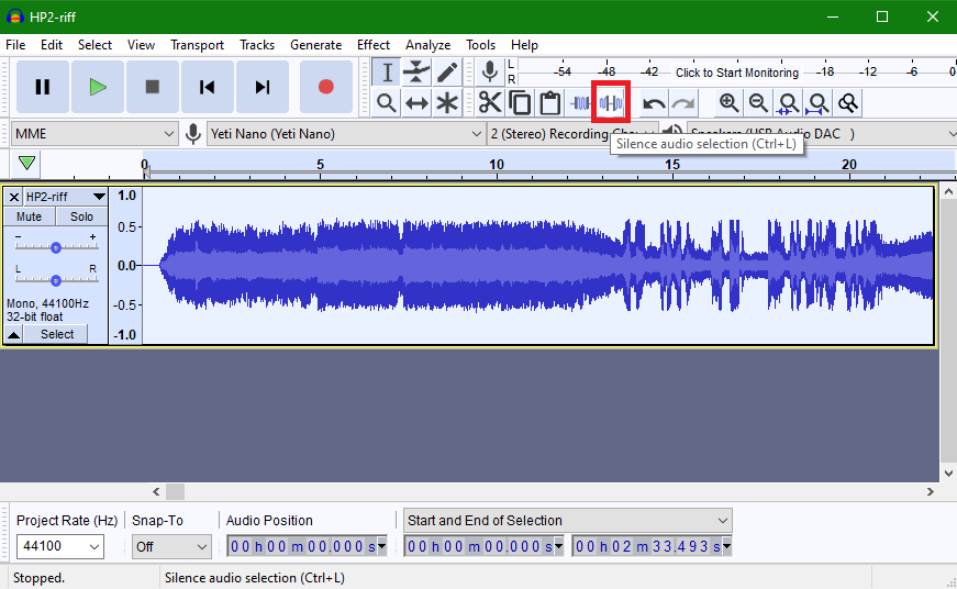 The silence button in the Audacity user interface
