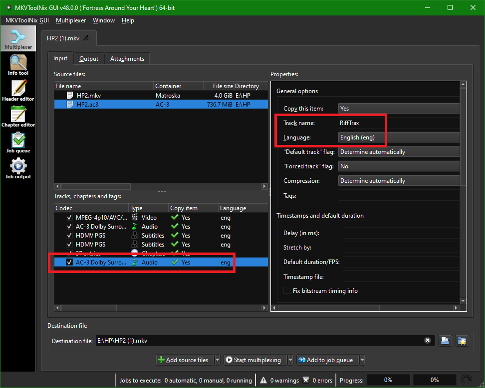 Editing an audio track in the MKVToolNix user interface